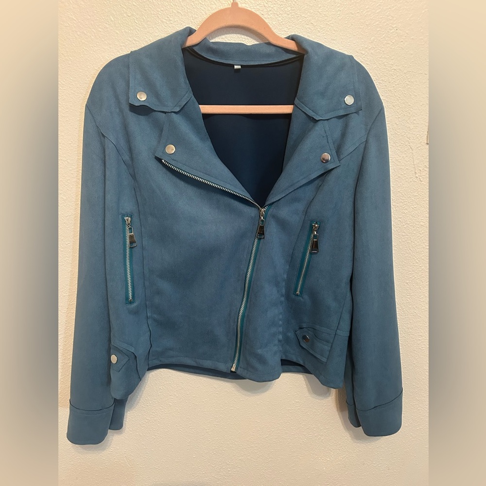 Blue Faux Suede Zipper Jacket